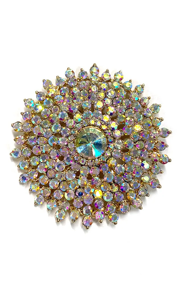 06412 Aurora Borealis Gold Crystal Pave Chunky Brooch