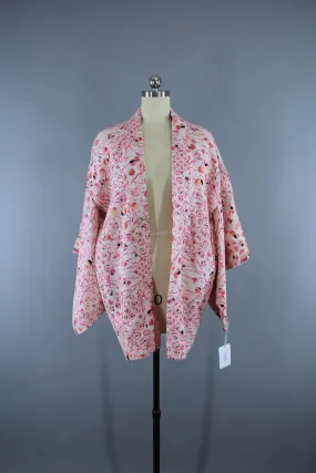 1950s Vintage Haori Kimono Jacket in White and Pink Floral Print