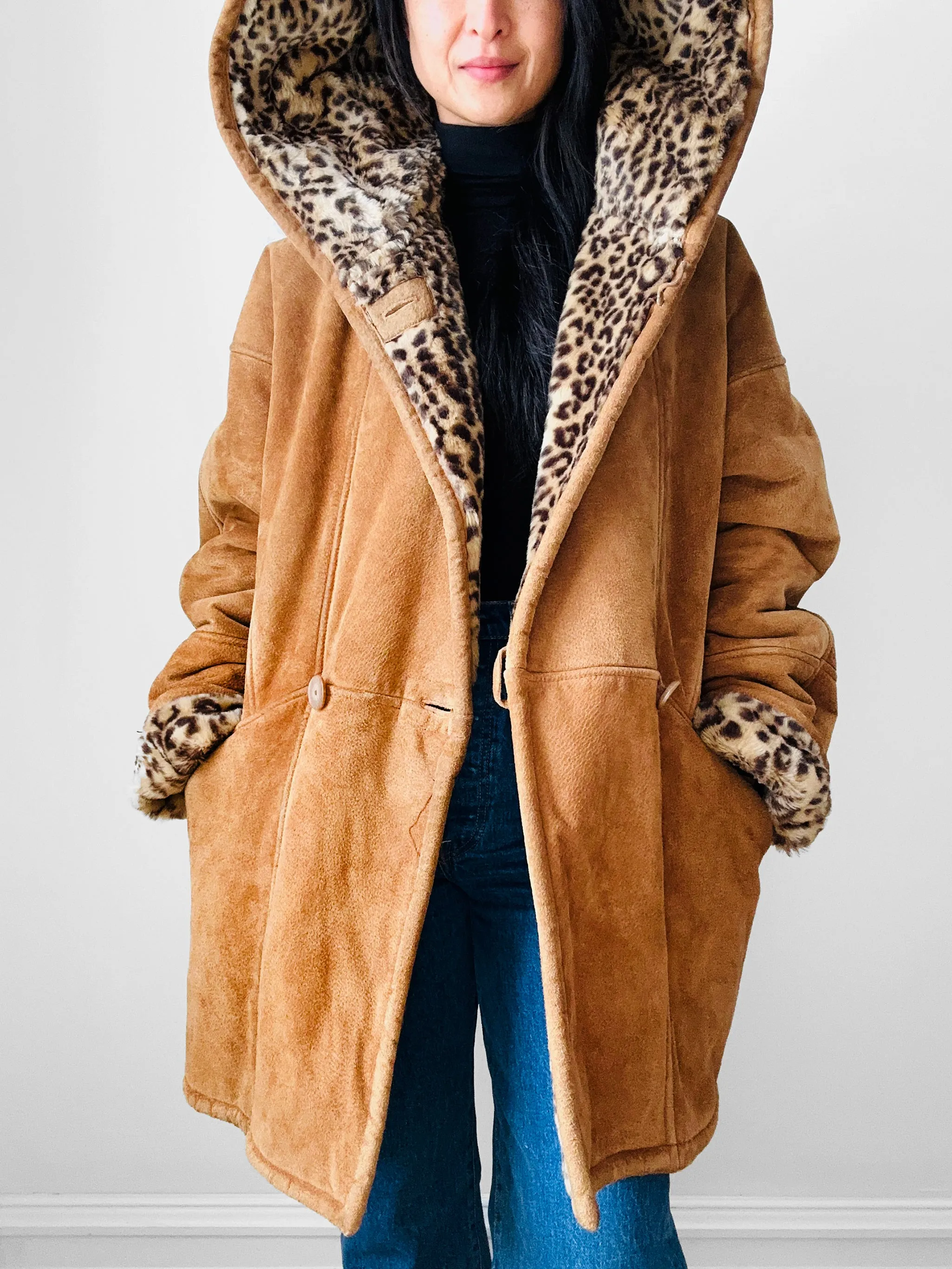 1980s Daniel Hechter Tan Suede and Faux Fur Leopard Print Hooded Jacket - Sz. M/L