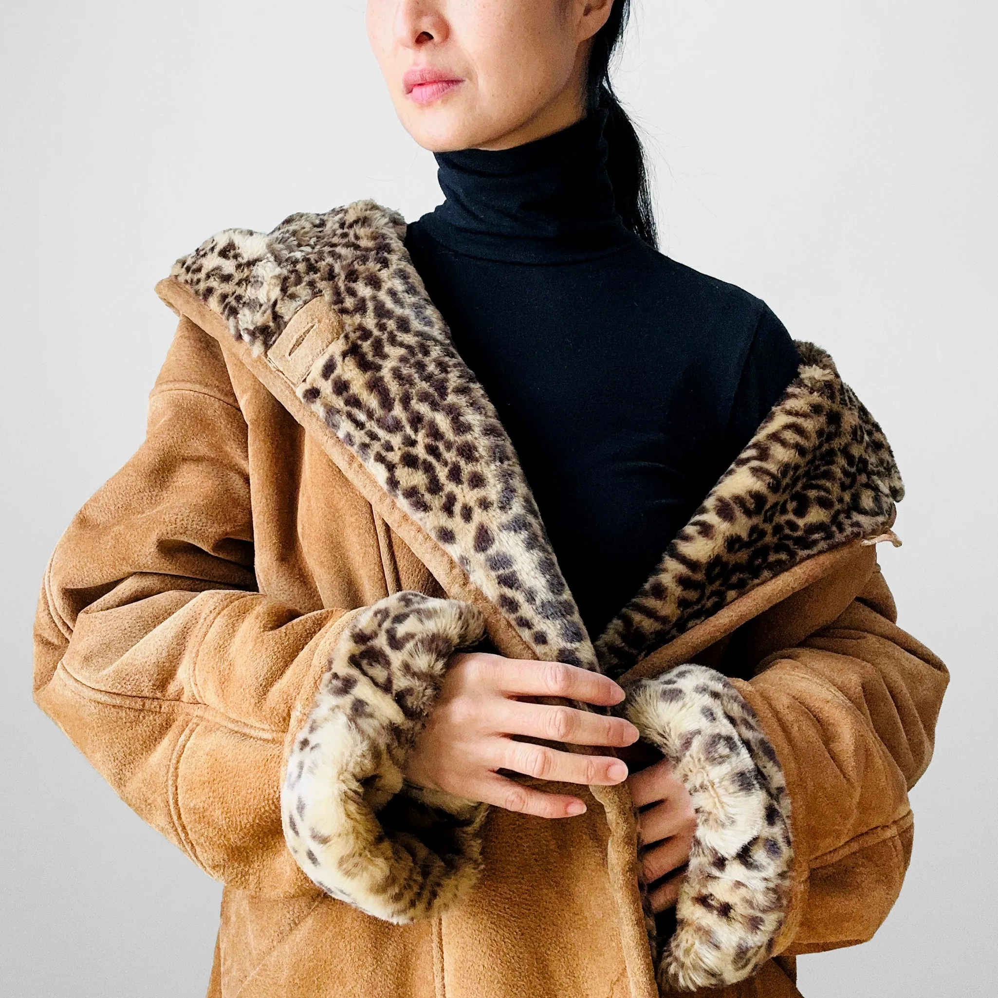 1980s Daniel Hechter Tan Suede and Faux Fur Leopard Print Hooded Jacket - Sz. M/L