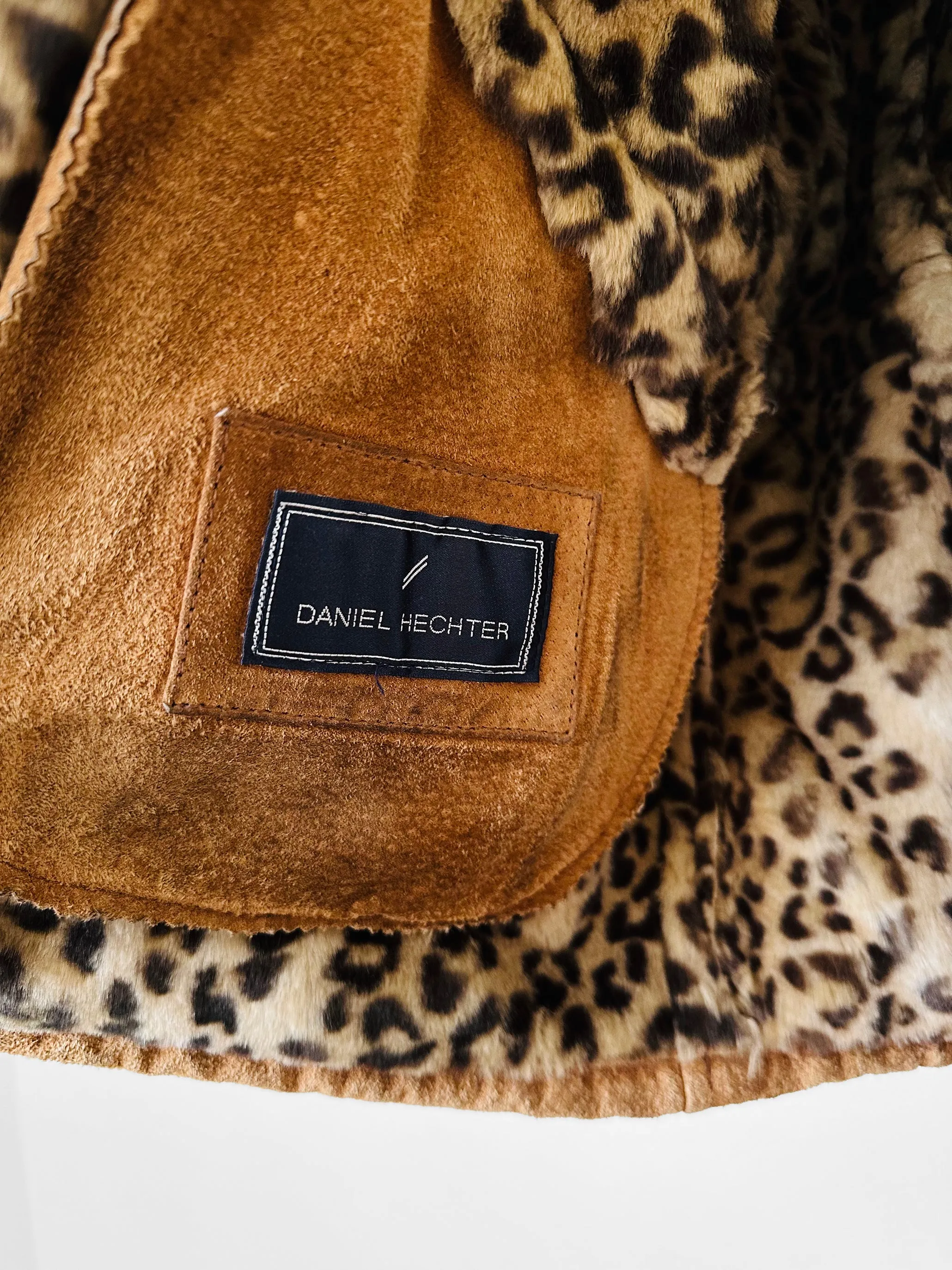 1980s Daniel Hechter Tan Suede and Faux Fur Leopard Print Hooded Jacket - Sz. M/L