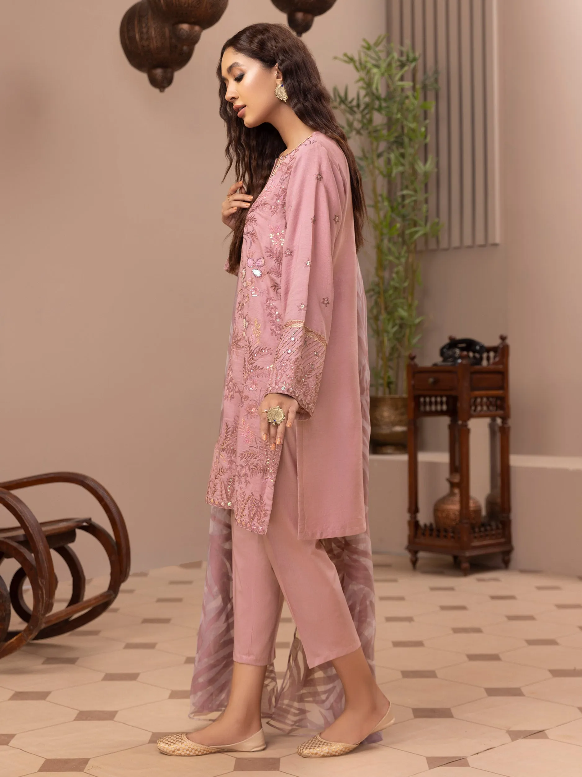 3 Piece Satin Suit-Embroidered (Unstitched)