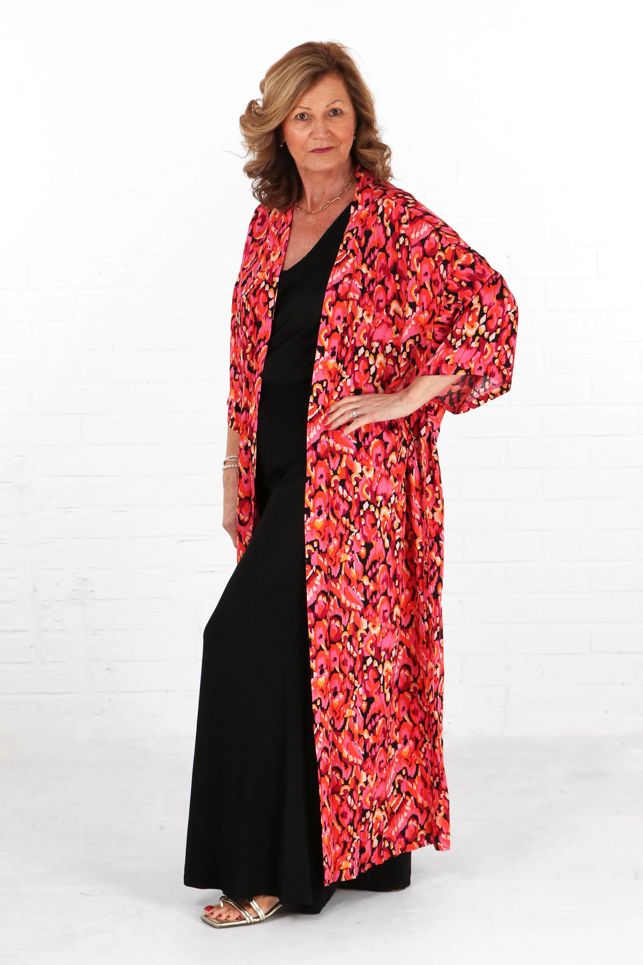 Abstract Print Long Kimono Robe with Waist Tie in Fuchsia