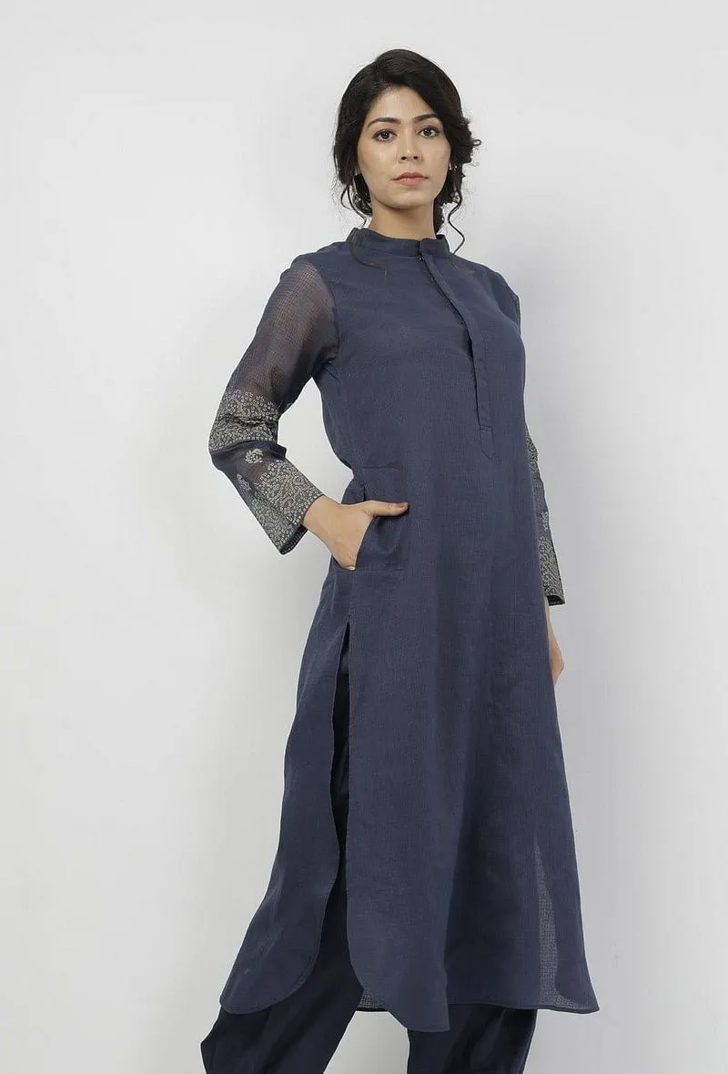 Aegean Blue Mandarin Collar Floral Hand-Block Kota Kurta