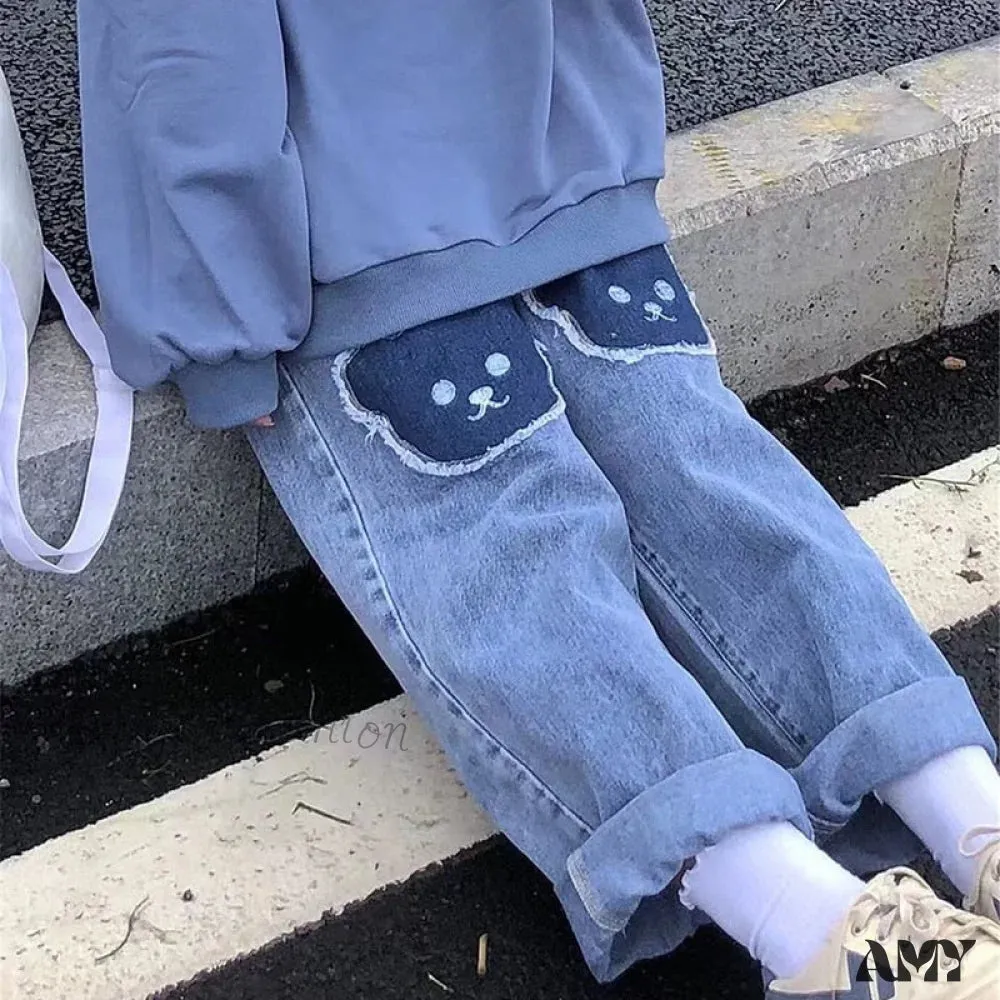 Amy Fashion - Korean Bear Jeans Cute Print Denim Wide Leg Pants