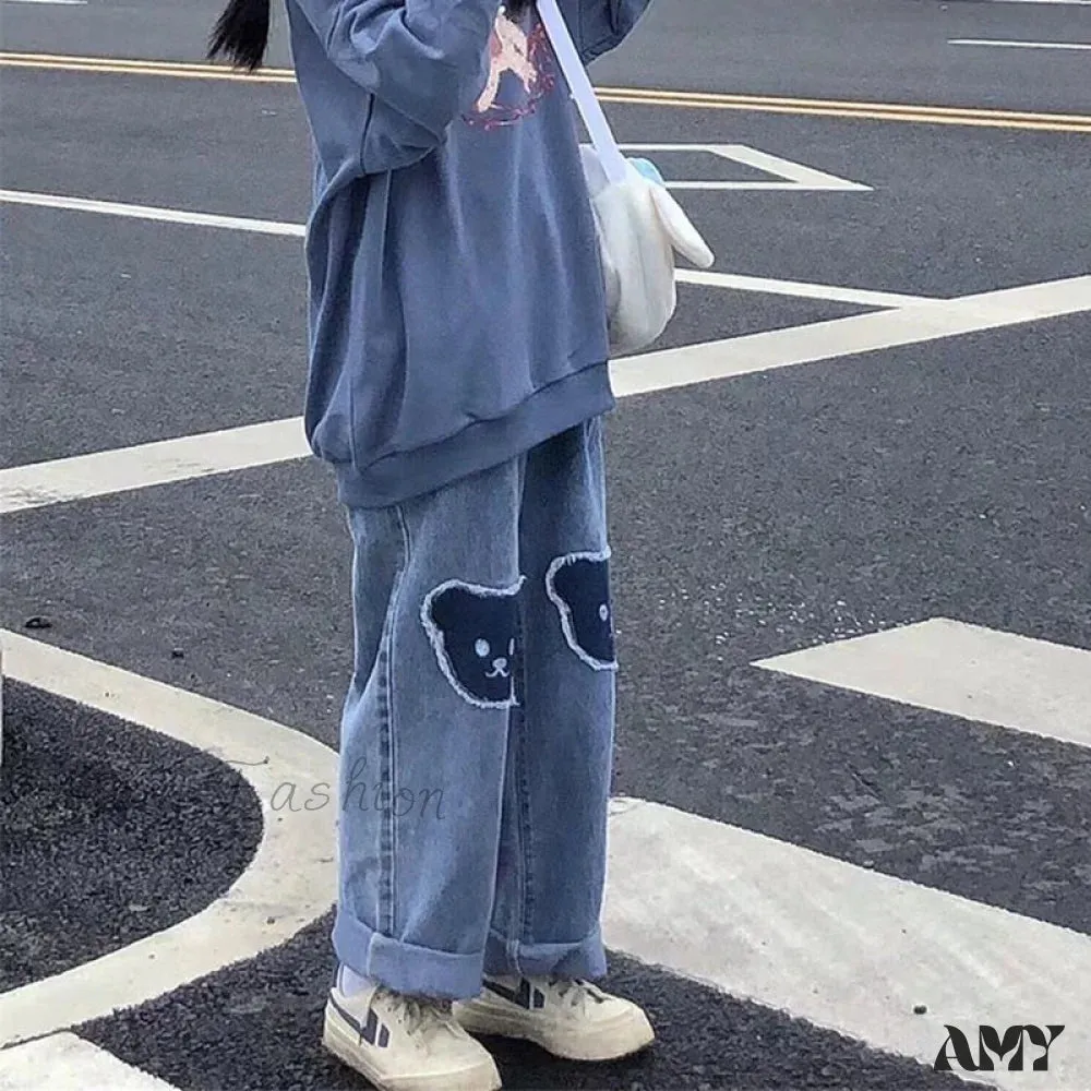 Amy Fashion - Korean Bear Jeans Cute Print Denim Wide Leg Pants