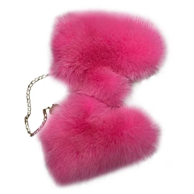 Ashore shop Women's Fox fur Luxury Warm winter Gloves Mittens