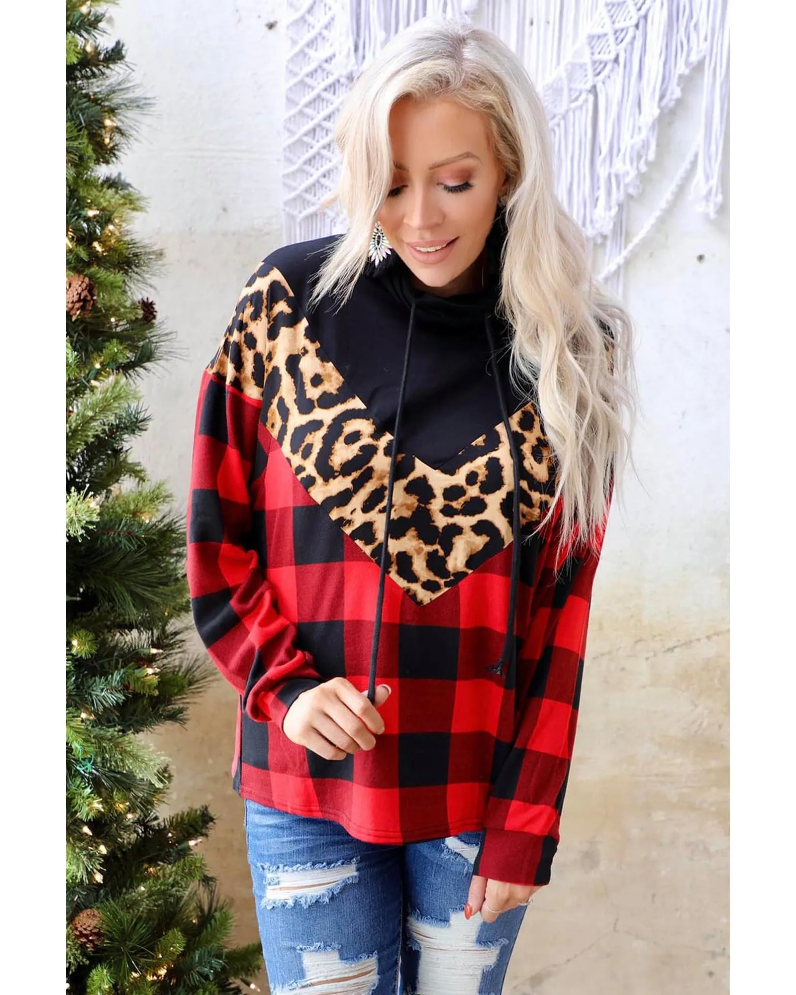 Azura Exchange Chevron Plaid Leopard Patchwork Turtleneck Sweatshirt - M