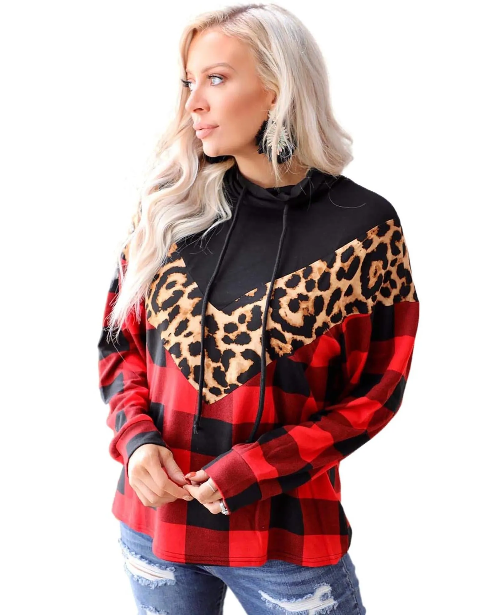 Azura Exchange Chevron Plaid Leopard Patchwork Turtleneck Sweatshirt - M