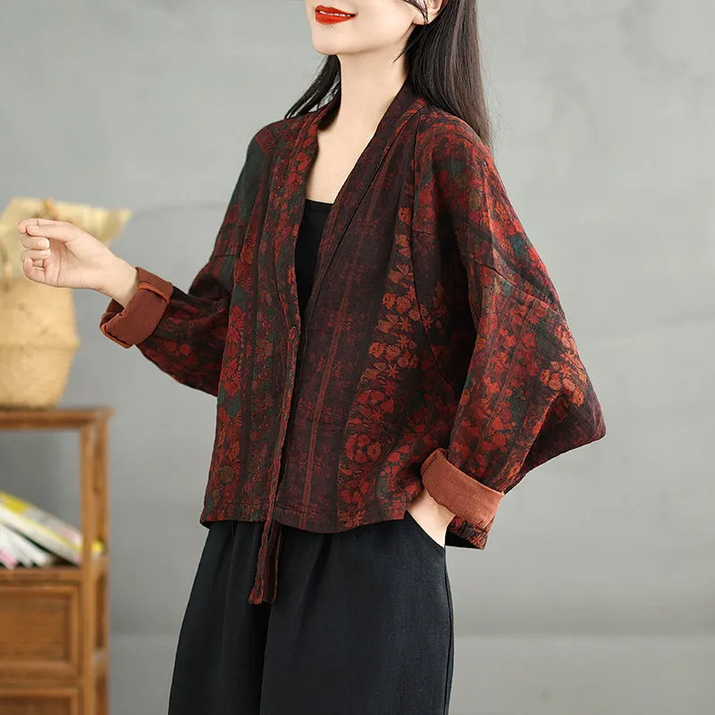 Babakud Women Autumn Bat Sleeves Printed Cotton Casual Cardigan