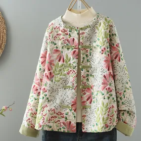 Babakud Women Autumn Casual Cotton Linen Floral Jacket