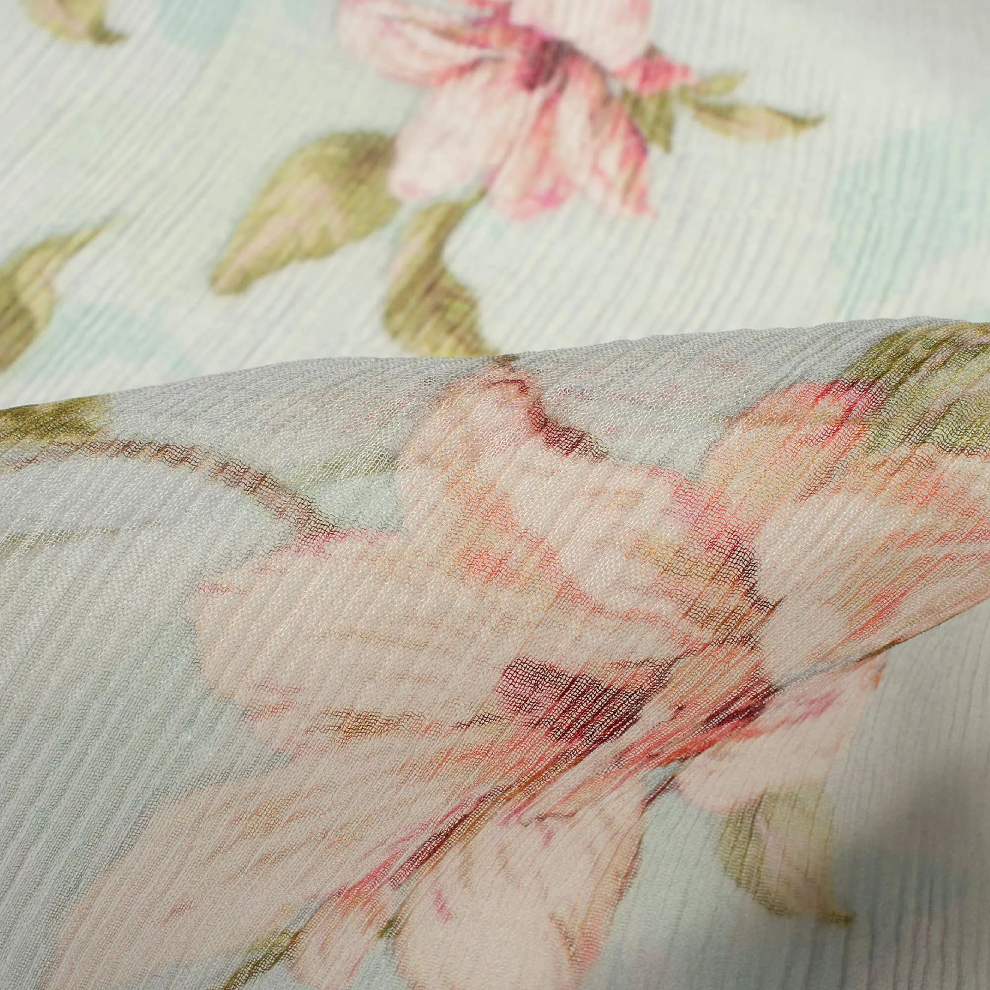 Baby Blue And Pink Floral Pattern Digital Print Bemberg Chiffon Fabric