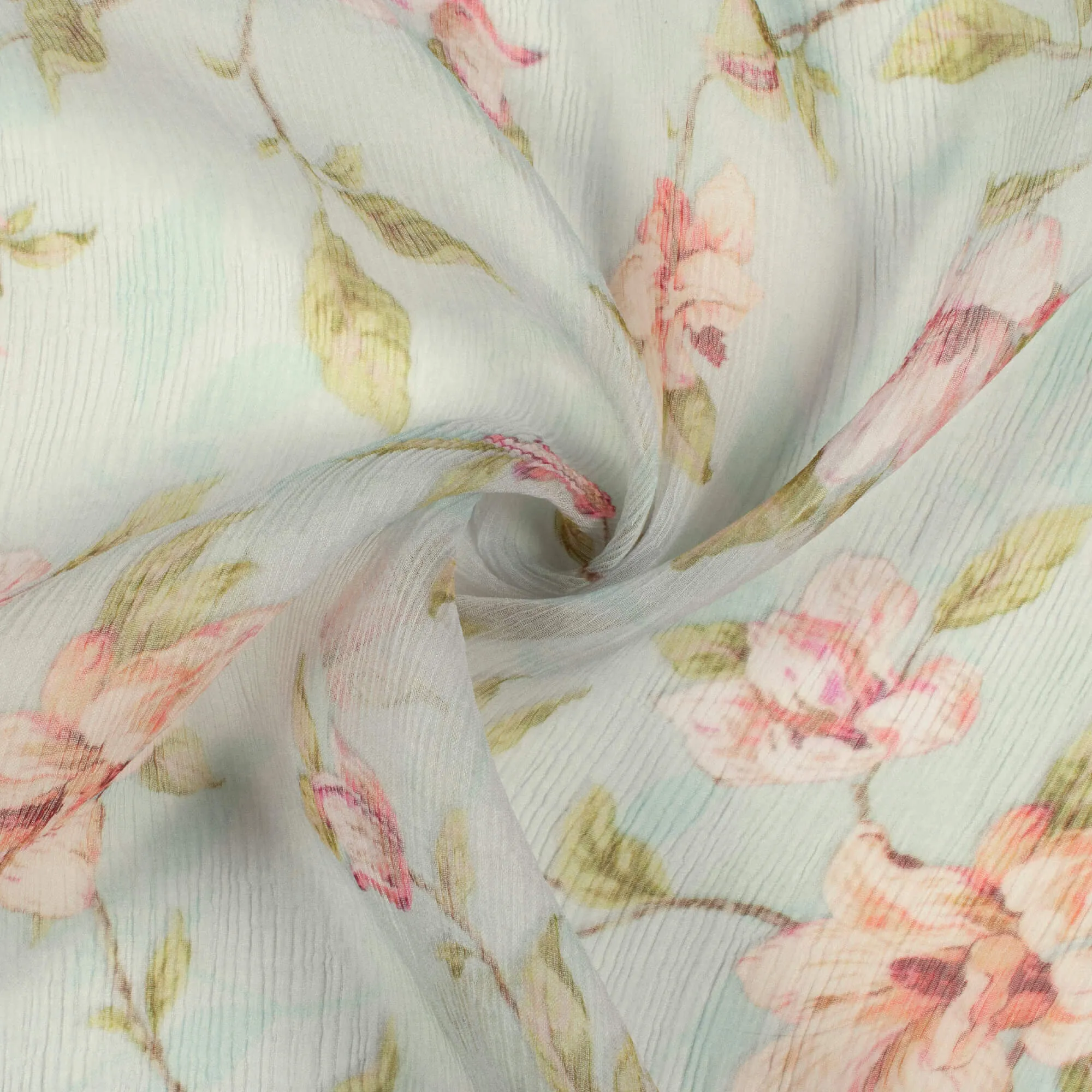 Baby Blue And Pink Floral Pattern Digital Print Bemberg Chiffon Fabric