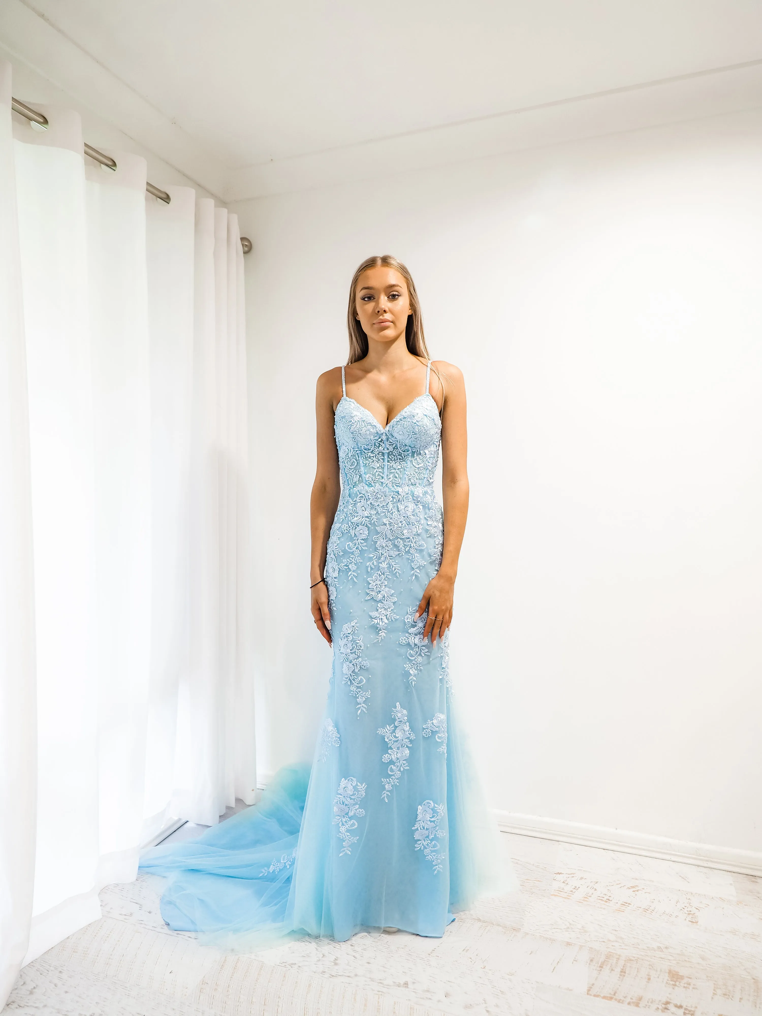 Baby Blue tulle corset lace mermaid dress with lace up back for hire