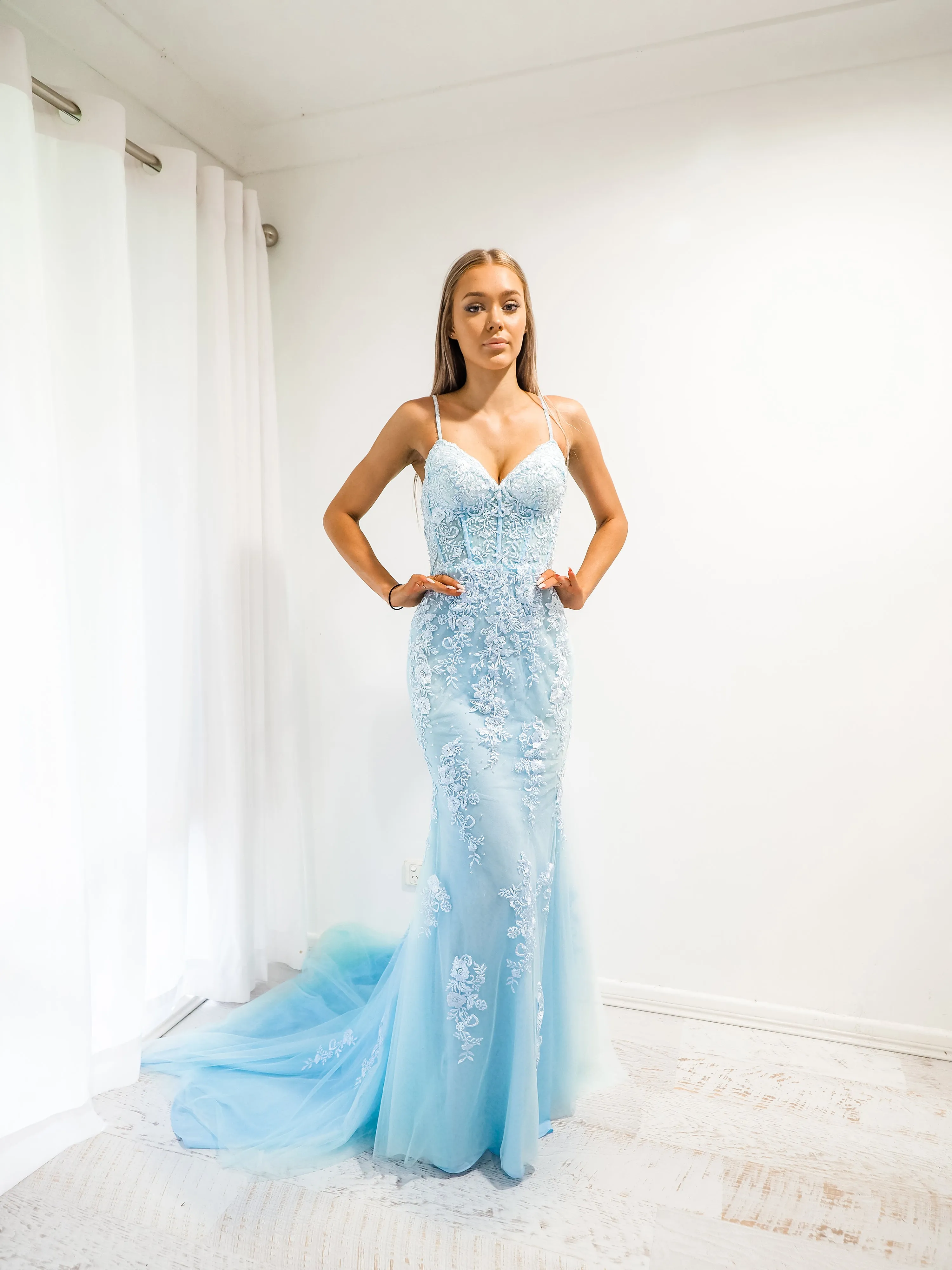 Baby Blue tulle corset lace mermaid dress with lace up back for hire