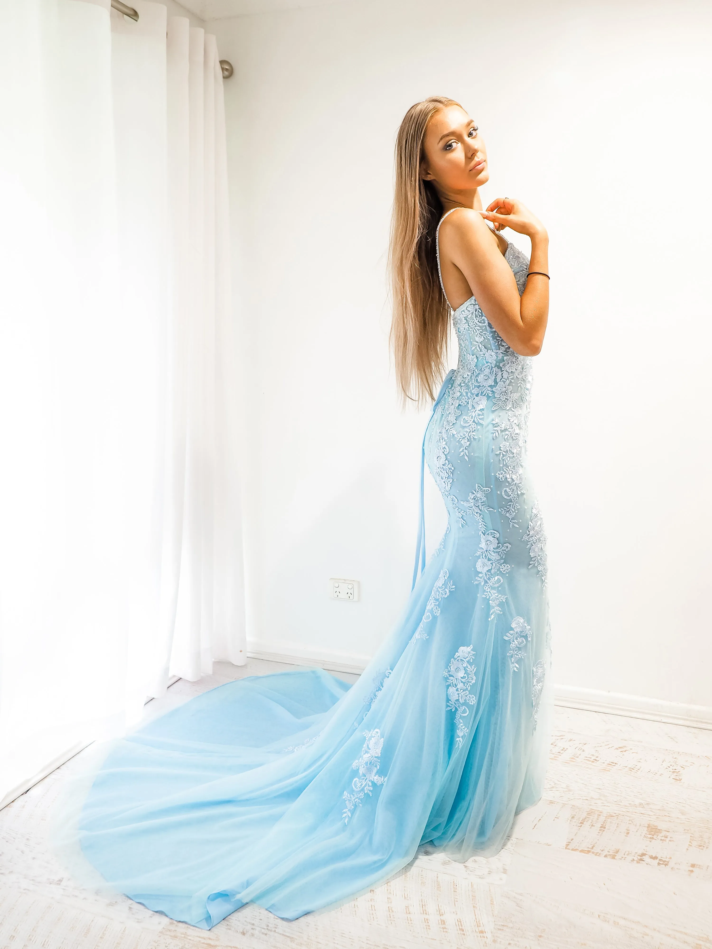 Baby Blue tulle corset lace mermaid dress with lace up back