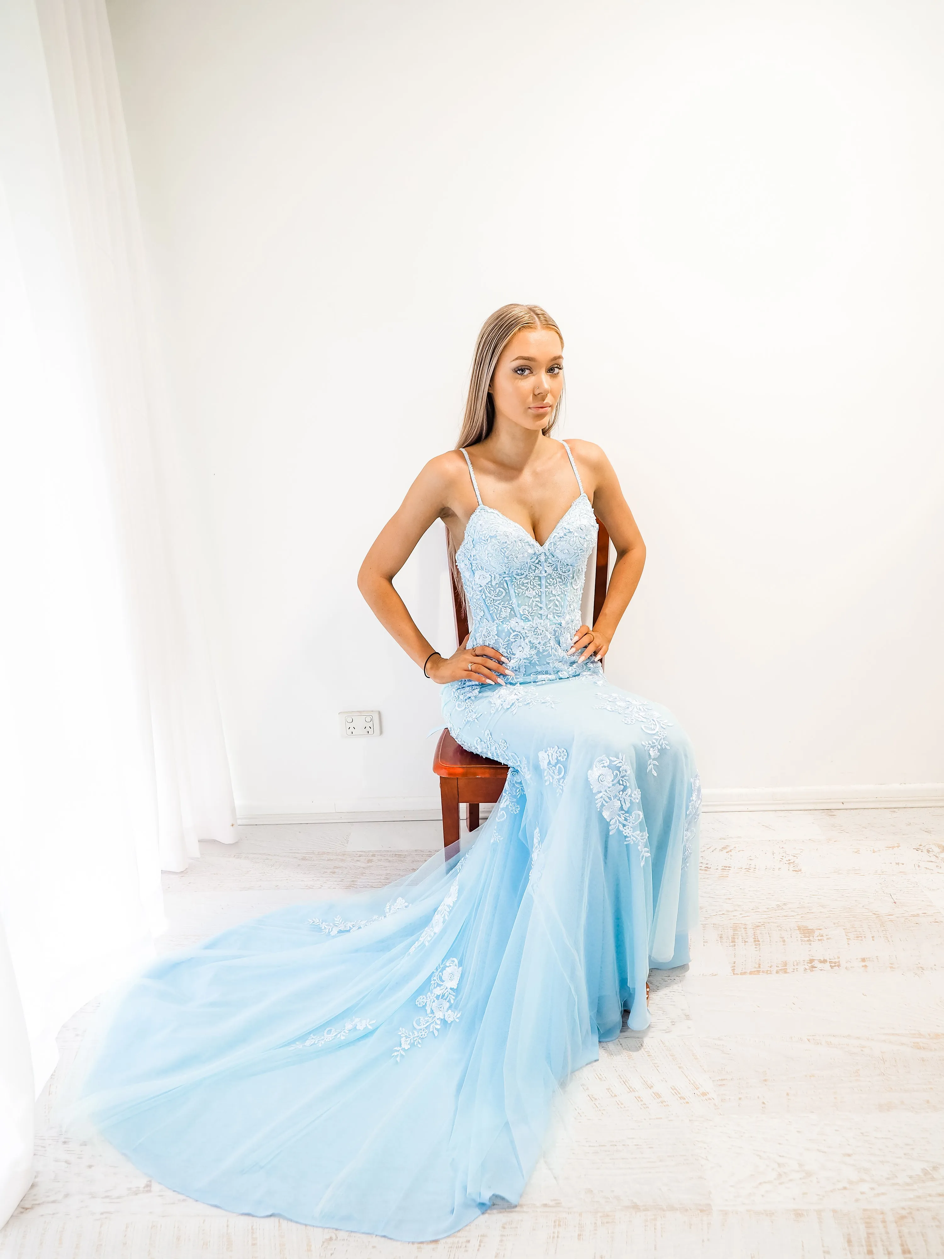 Baby Blue tulle corset lace mermaid dress with lace up back