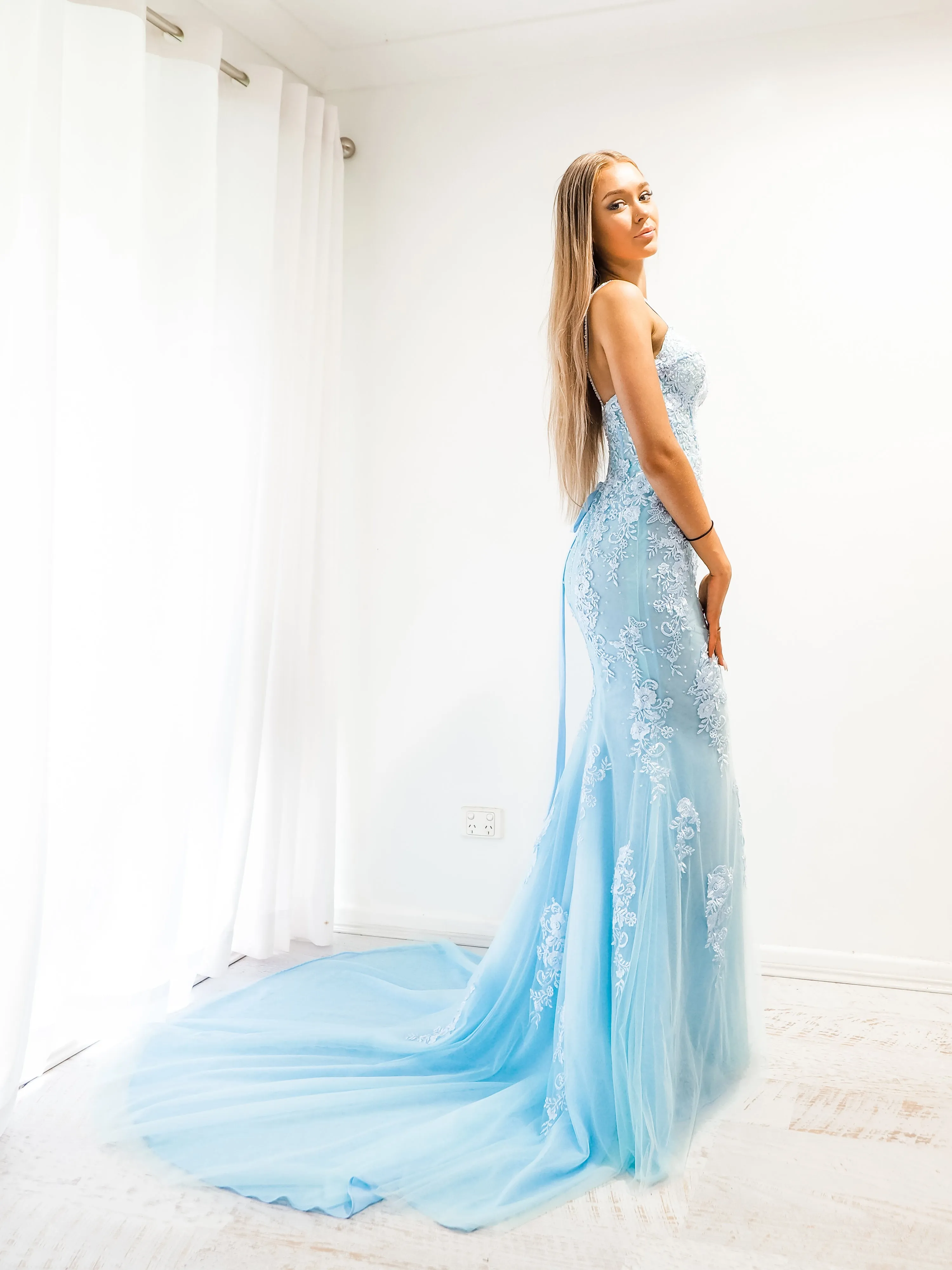 Baby Blue tulle corset lace mermaid dress with lace up back