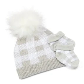 Baby's Plaid Hat and Booties Set - Grey