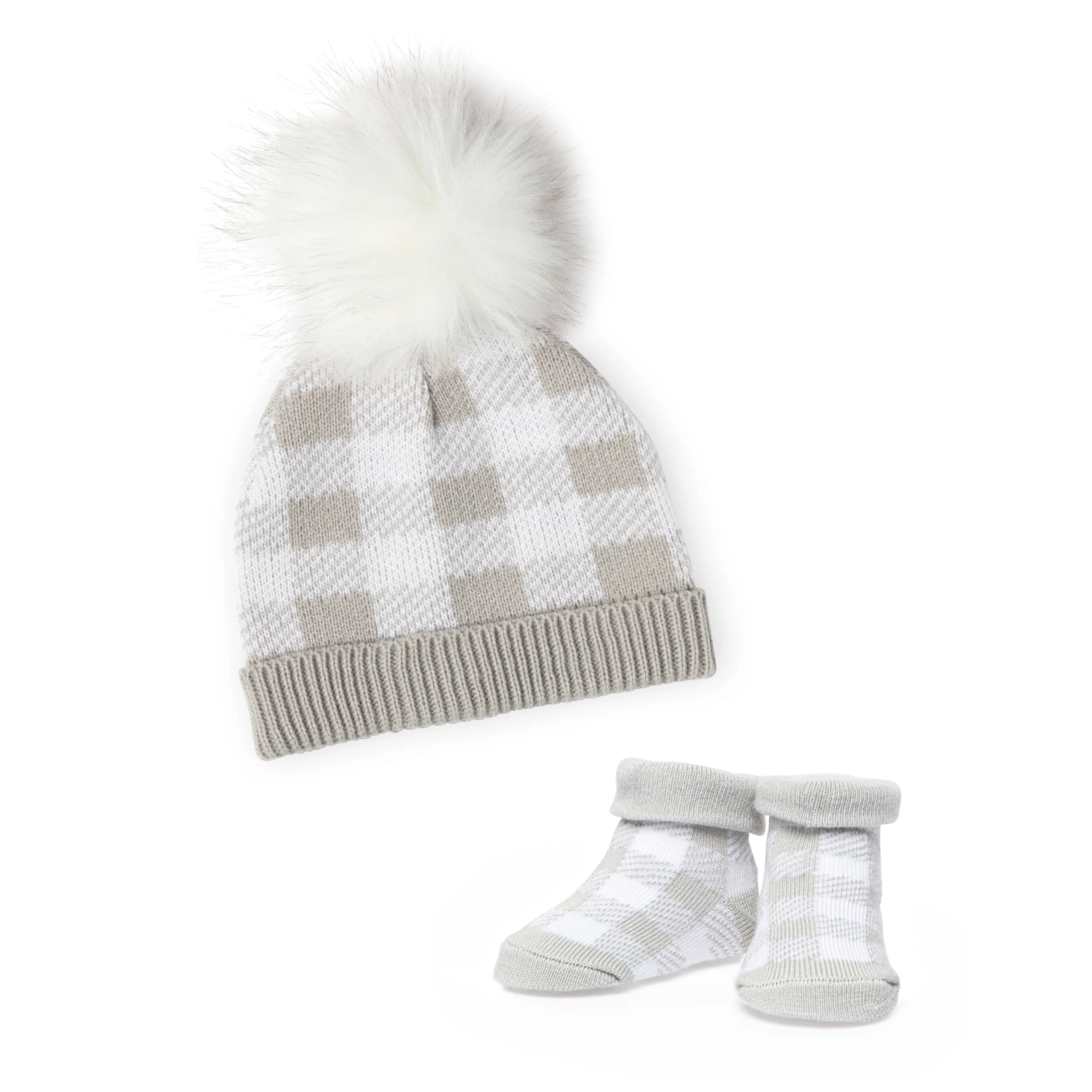 Baby's Plaid Hat and Booties Set - Grey