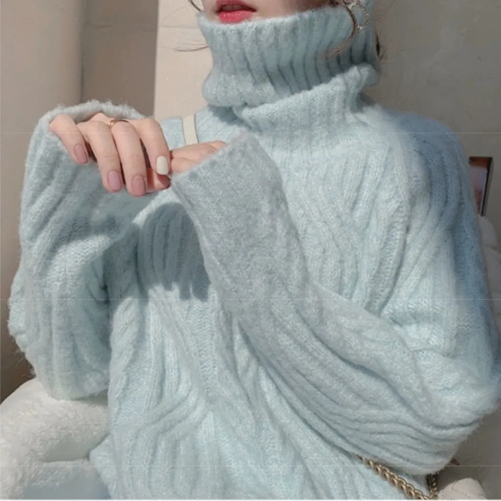 Back to College Joskaa Blue Turtleneck Woman Sweaters Autumn Winter 2024 Fashion Pullovers Raglan Sleeve Knitted Tops Pink White Casual Jumper