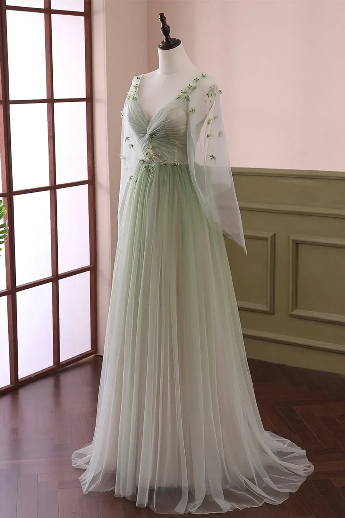 Beautiful Gradient Tulle Green Long Sleeves Prom Dress, Green Evening Formal Dresses