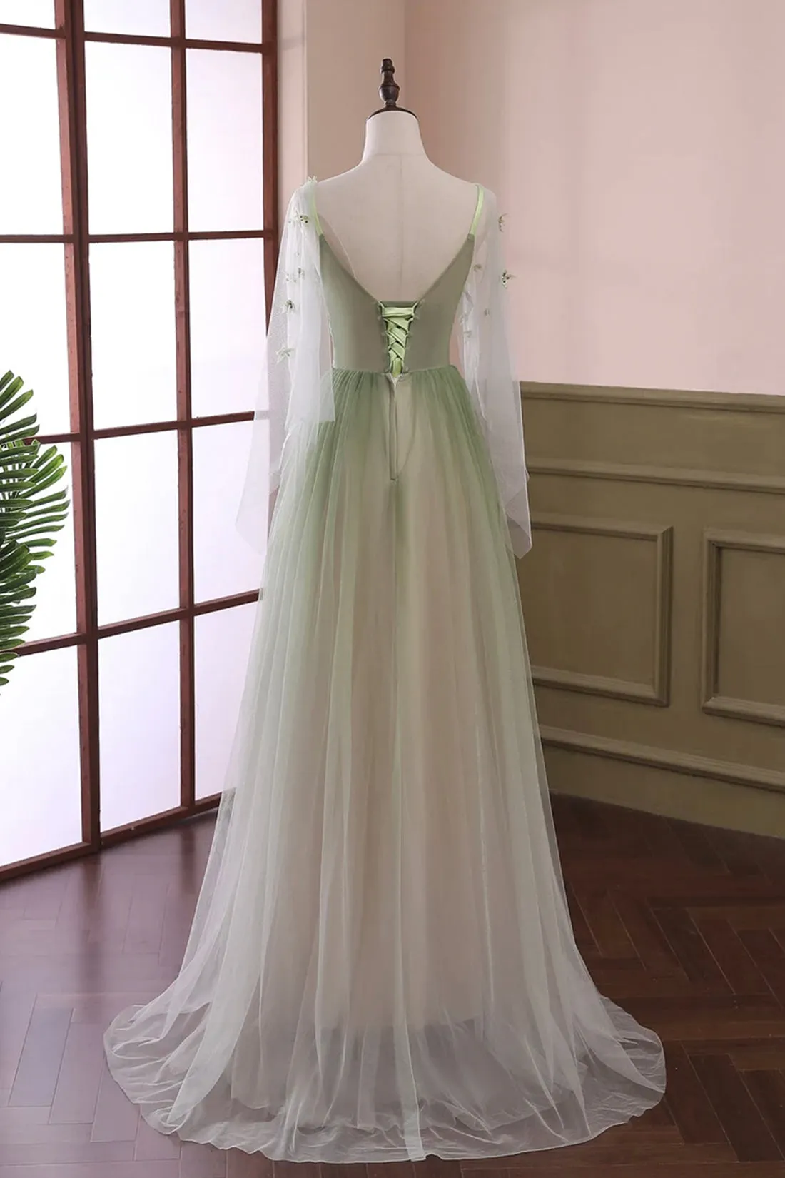 Beautiful Gradient Tulle Green Long Sleeves Prom Dress, Green Evening Formal Dresses