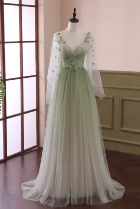 Beautiful Gradient Tulle Green Long Sleeves Prom Dress, Green Evening Formal Dresses