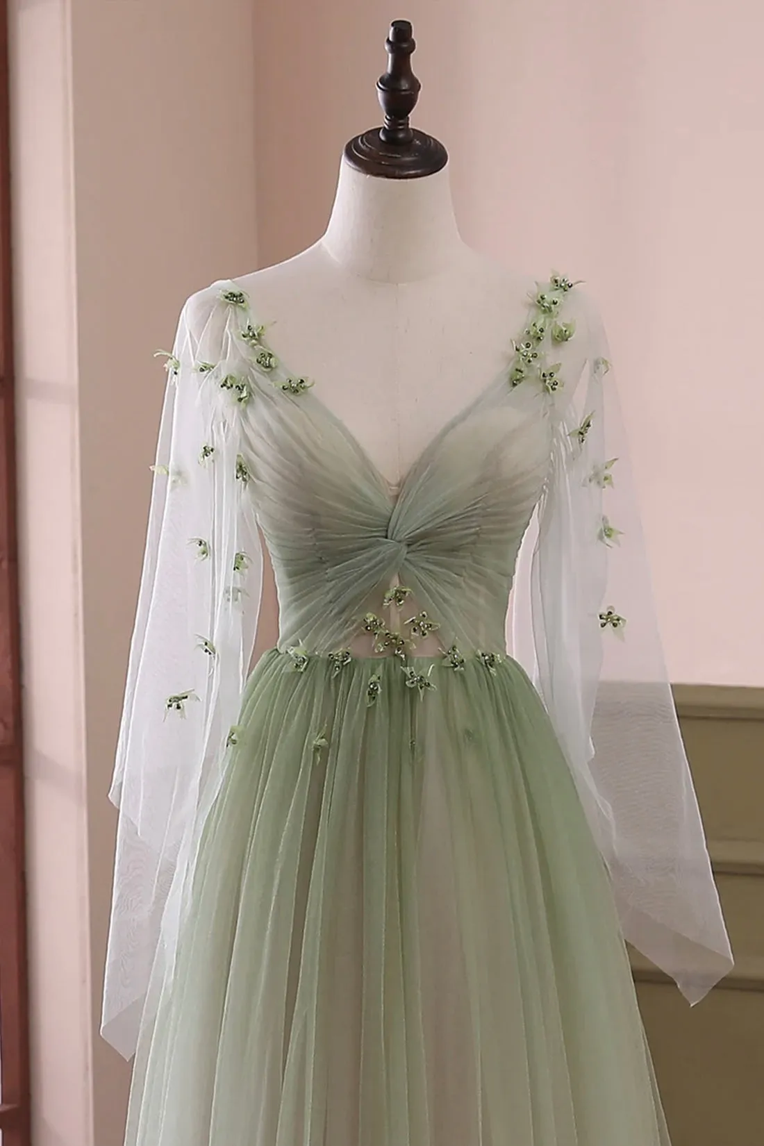 Beautiful Gradient Tulle Green Long Sleeves Prom Dress, Green Evening Formal Dresses