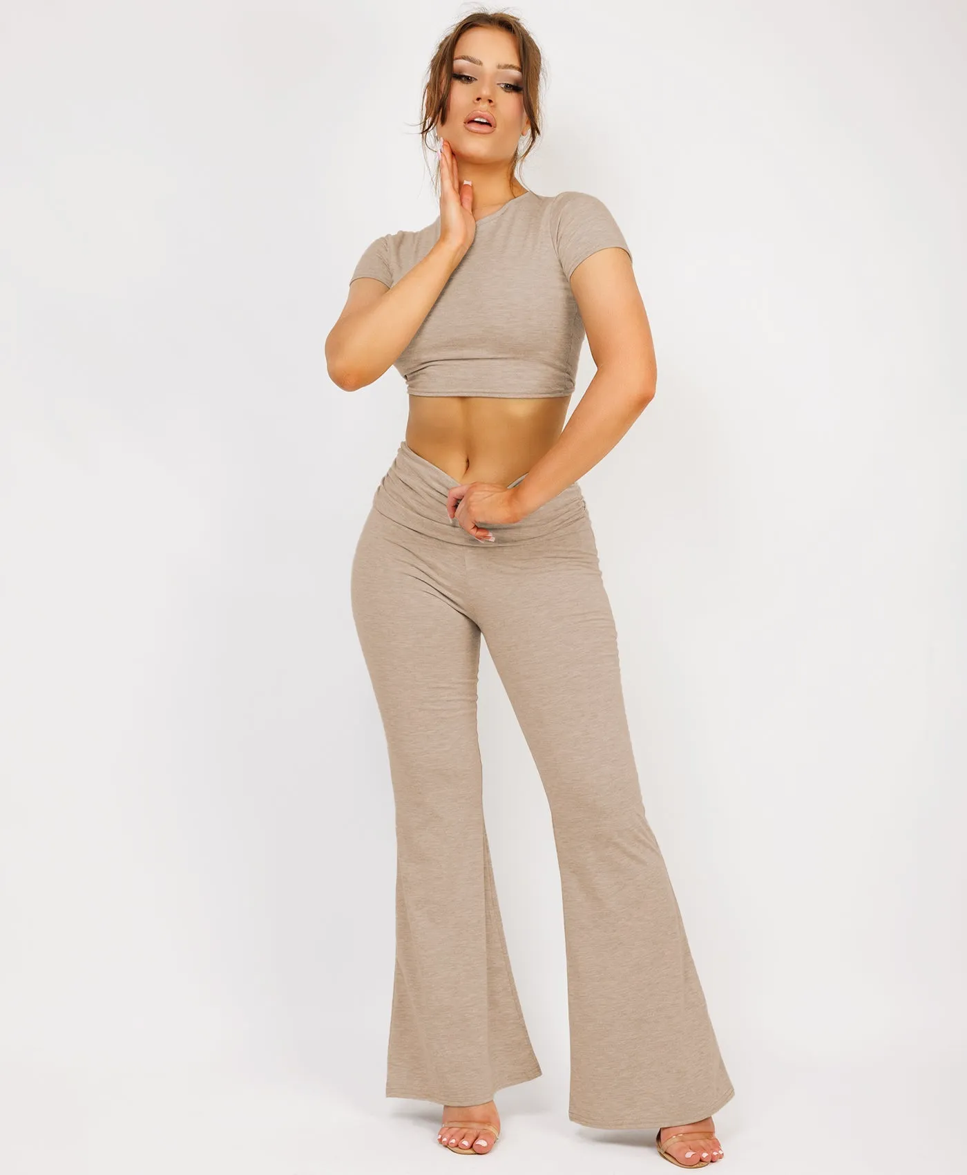 Beige Crop Top And Fold Over Flared Trousers Loungewear Set