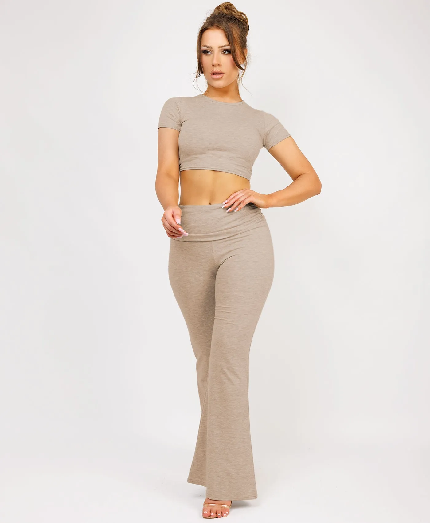 Beige Crop Top And Fold Over Flared Trousers Loungewear Set