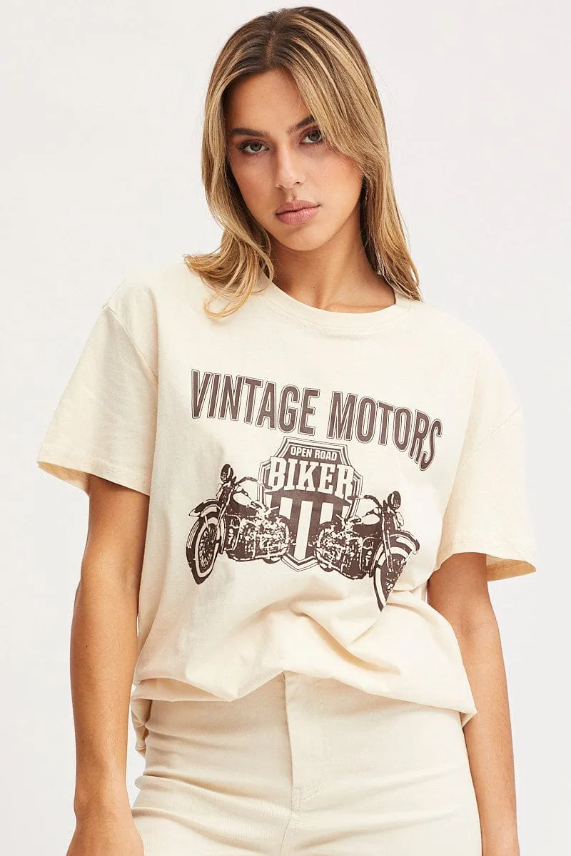 Beige Graphic T Shirt Short Sleeve