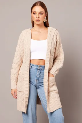 Beige Longline Cardigan Long Sleeve Hooded Cable Knit