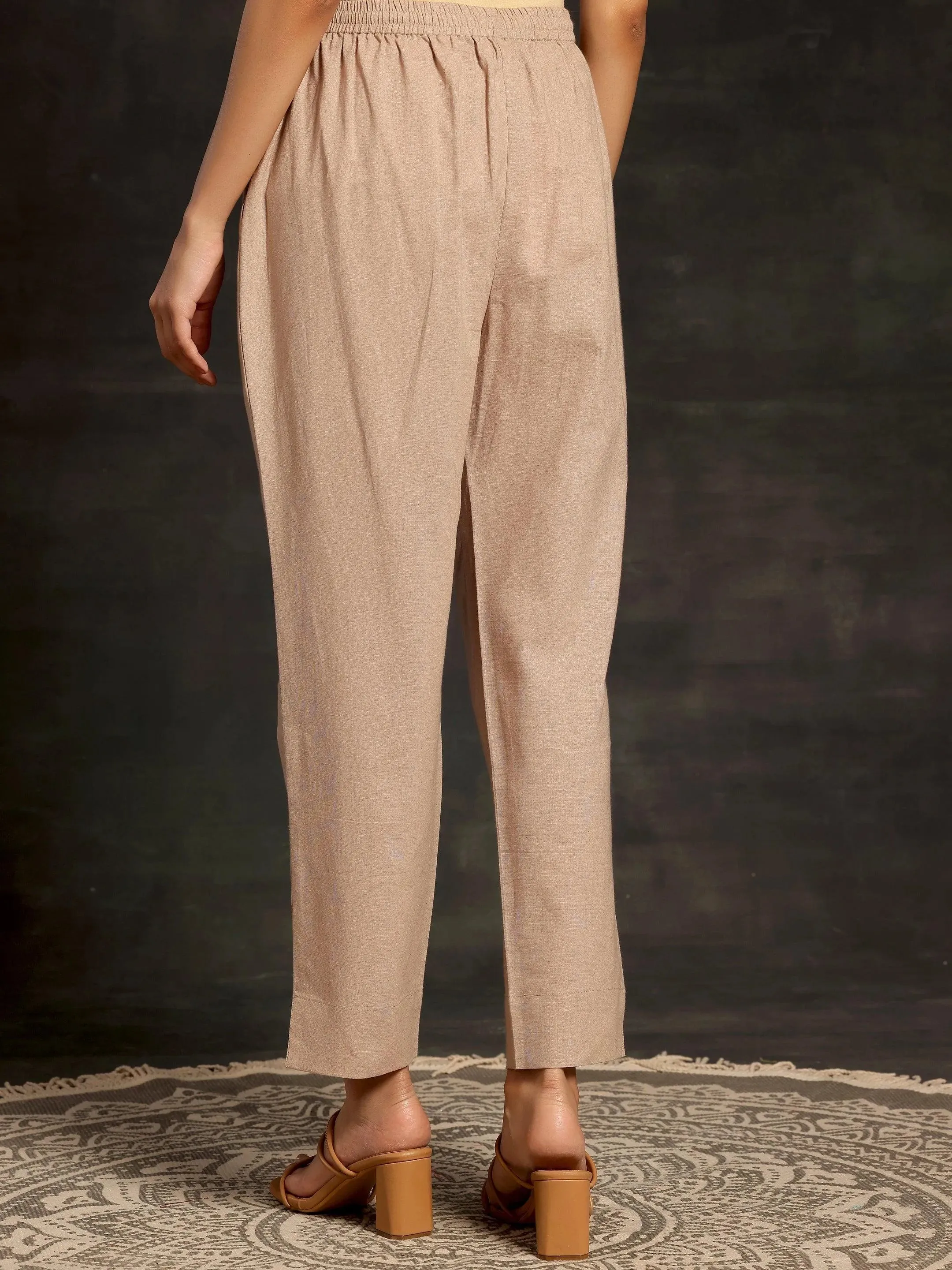 Beige Solid Cotton Straight Fit Trousers