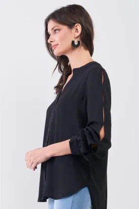 Black Asymmetrical Long Sleeve Button-Up Front Relaxed Shirt