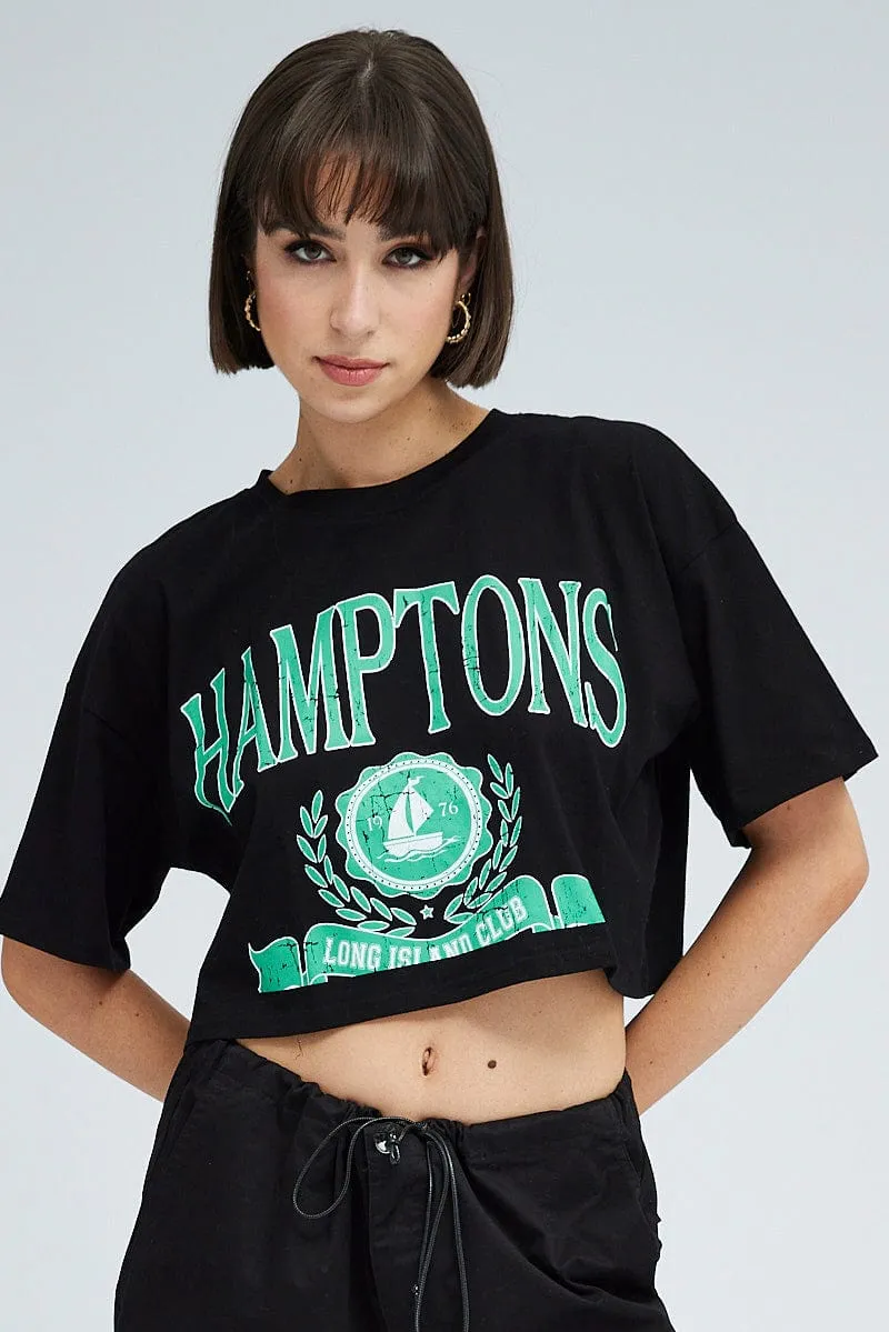 Black Graphic Crop T Shirt Short Sleeve Crew Neck