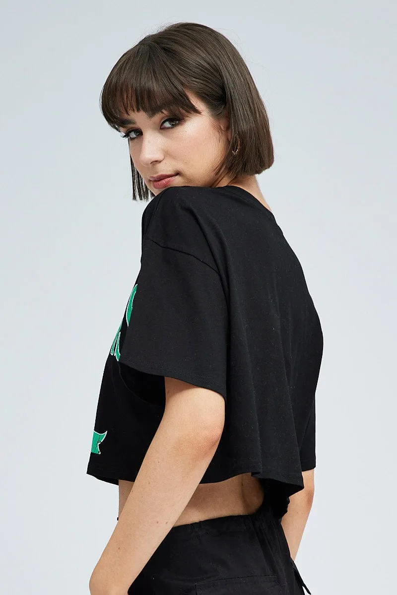 Black Graphic Crop T Shirt Short Sleeve Crew Neck