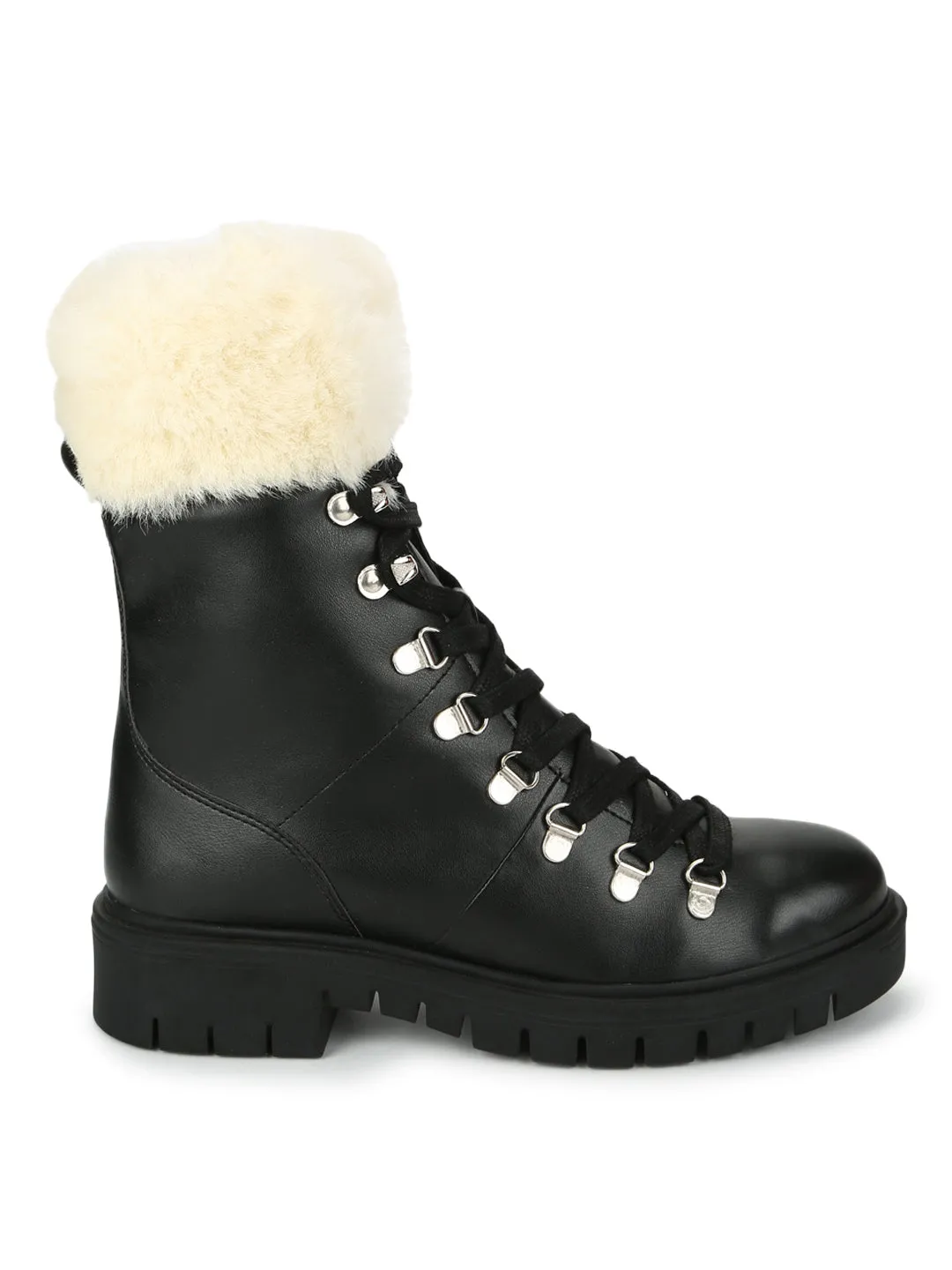 Black PU Lace Up Faux Fur Ankle Boots