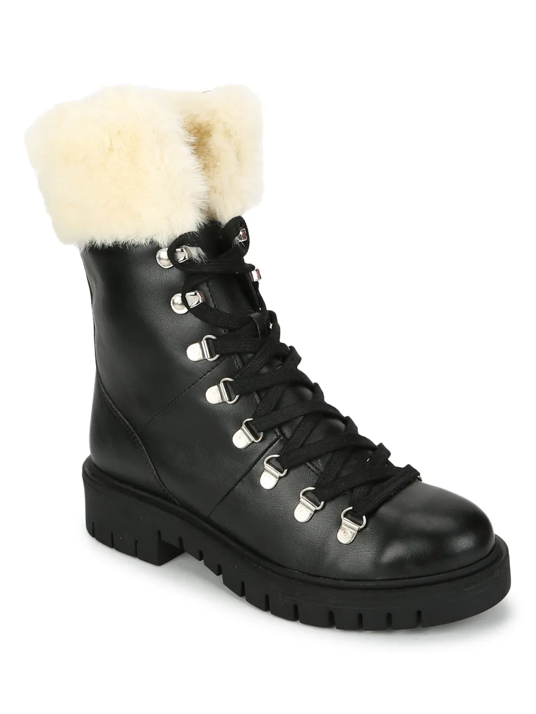 Black PU Lace Up Faux Fur Ankle Boots