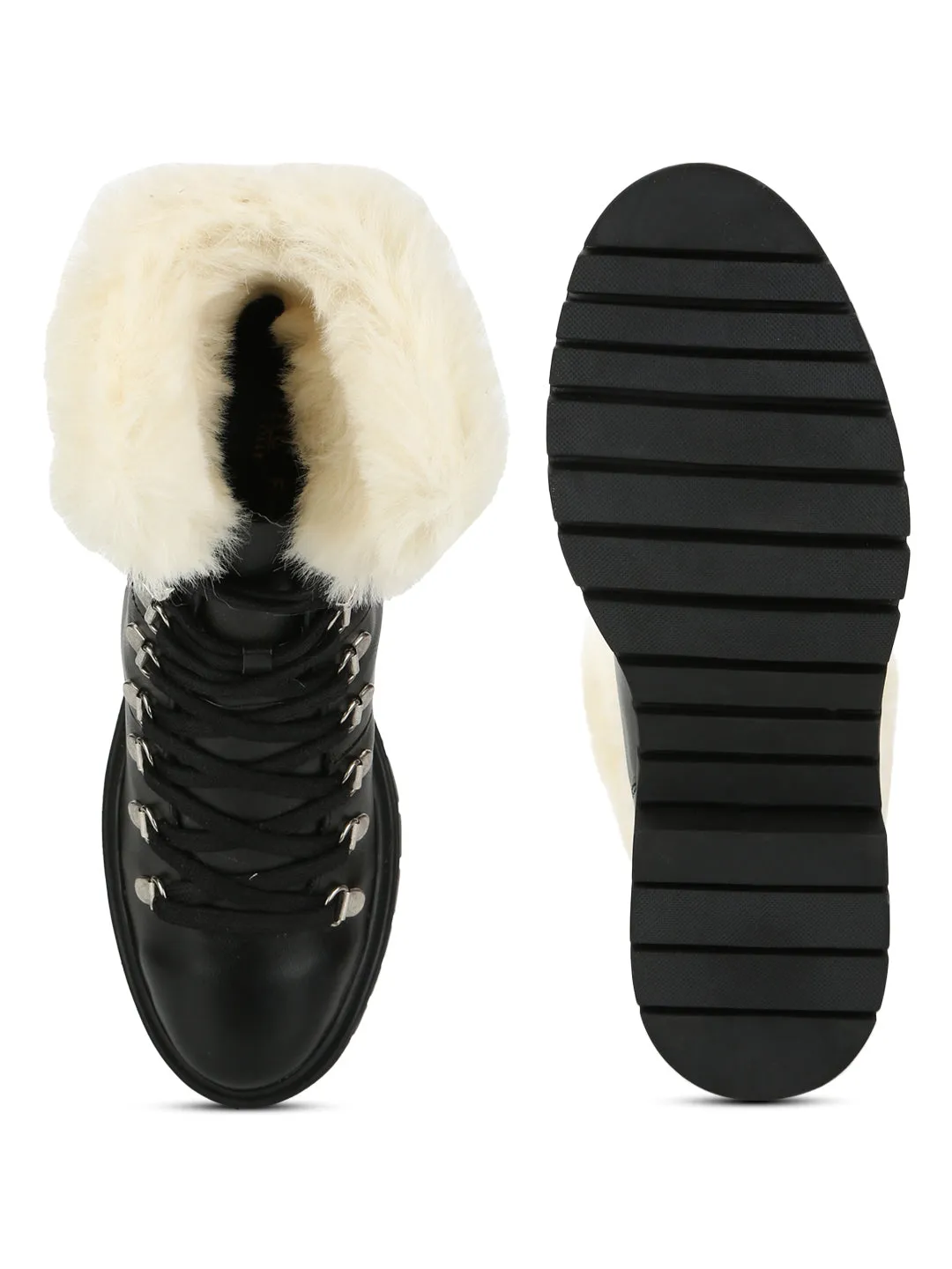 Black PU Lace Up Faux Fur Ankle Boots