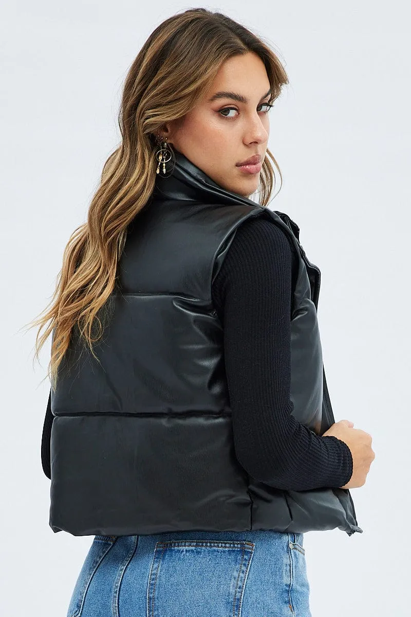 Black Puffer Zip Sleeveless  Faux Leather