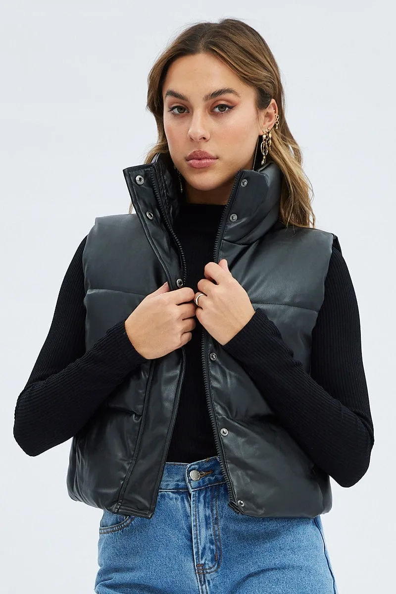 Black Puffer Zip Sleeveless  Faux Leather