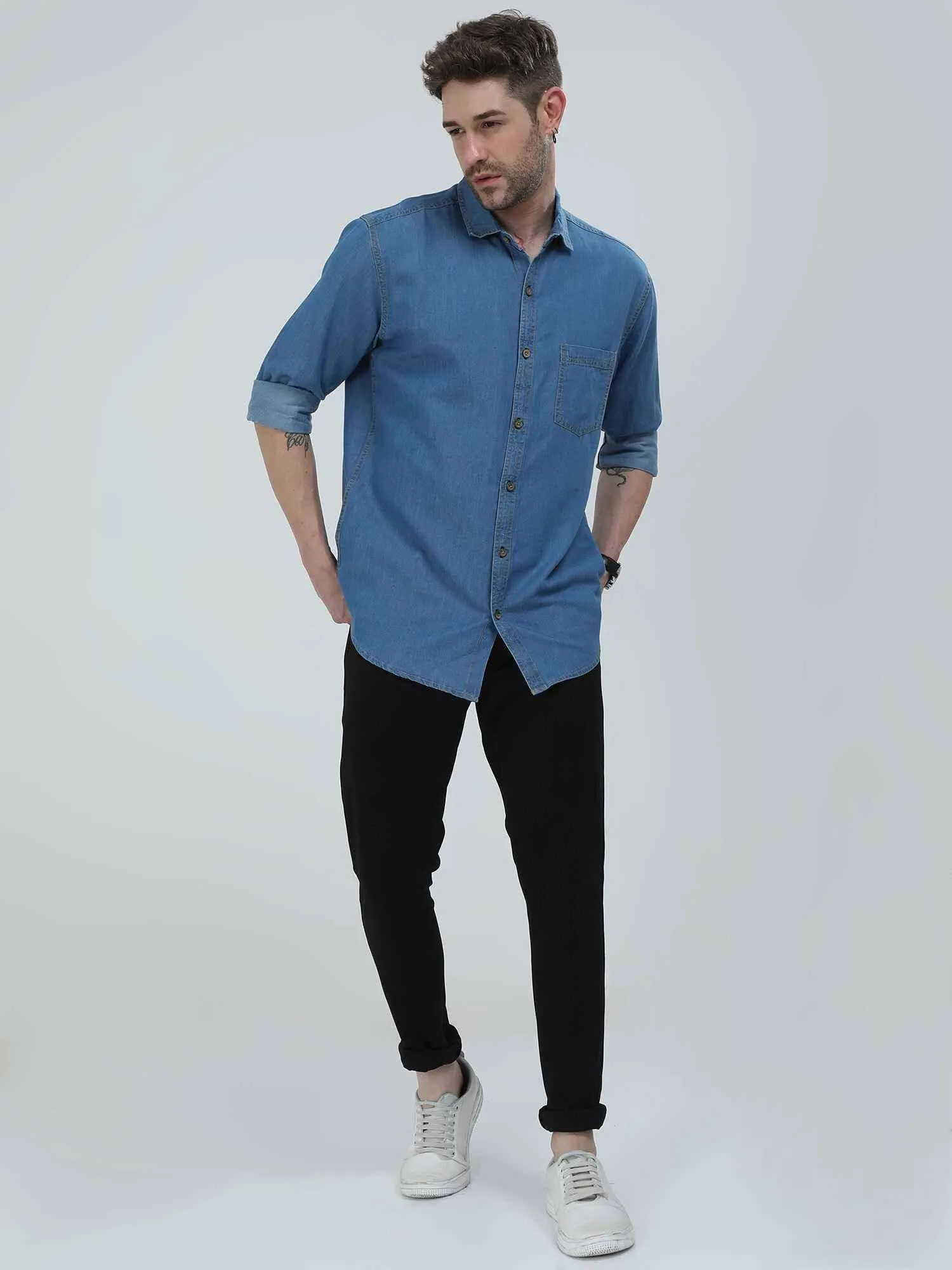 Blue Denim Single Pocket Full Sleeve Shirt