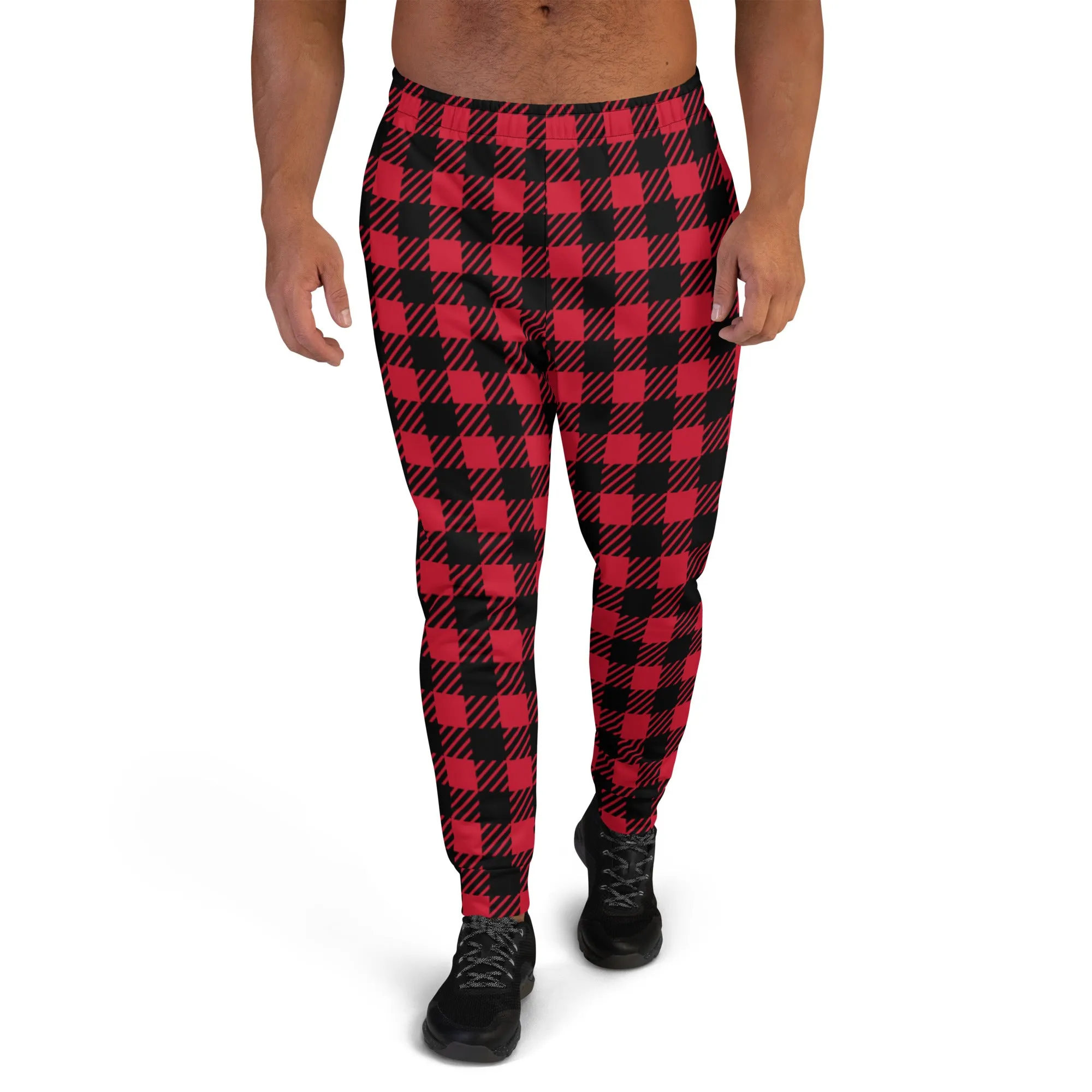 Buffalo Red Plaid Men's Joggers, Tartan Plaid Mens Plaid Joggers, Red Plaid Sweatpants - Made in USA/EU/MX