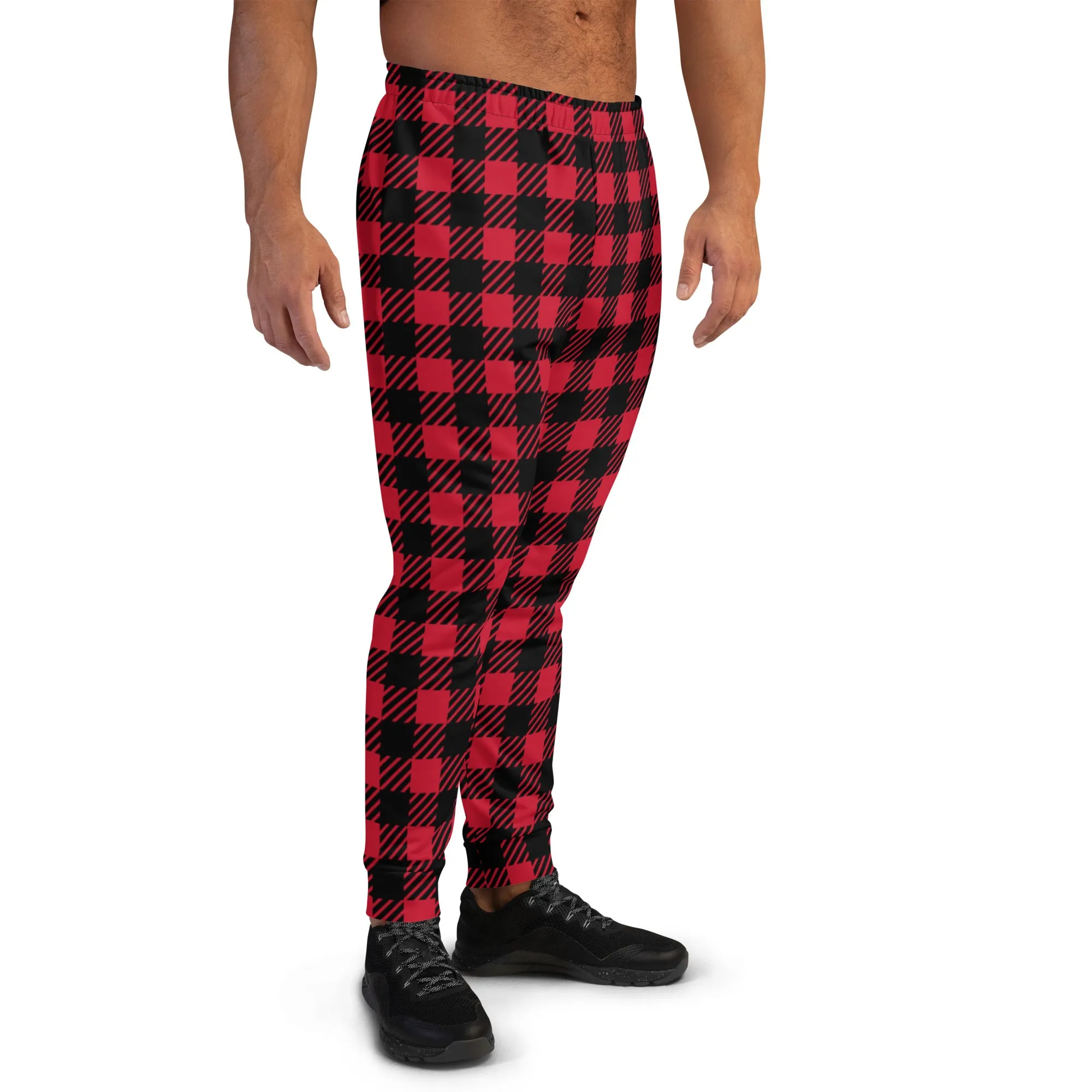 Buffalo Red Plaid Men's Joggers, Tartan Plaid Mens Plaid Joggers, Red Plaid Sweatpants - Made in USA/EU/MX