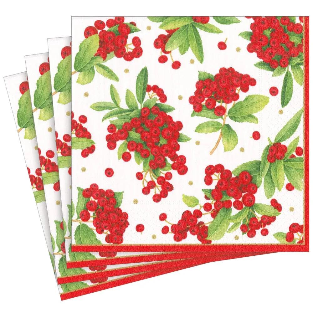 Caspari Christmas Berry Dinner Napkins – Red - 20pk