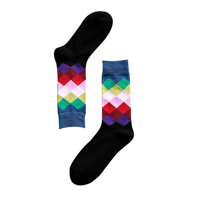 Casual Mens Cotton Colorful Geometry Socks Harajuku Gradient Color Business Dress Socks Diamond Plaid Long Socks calcetines