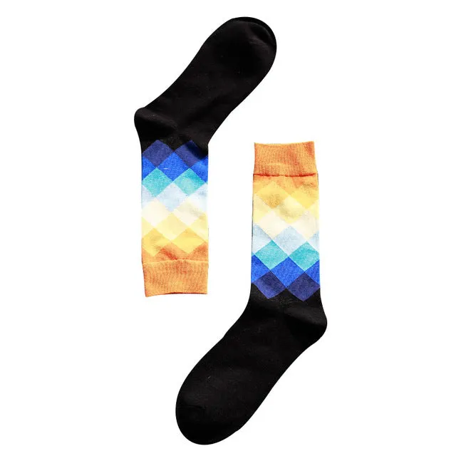 Casual Mens Cotton Colorful Geometry Socks Harajuku Gradient Color Business Dress Socks Diamond Plaid Long Socks calcetines