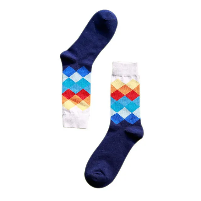 Casual Mens Cotton Colorful Geometry Socks Harajuku Gradient Color Business Dress Socks Diamond Plaid Long Socks calcetines