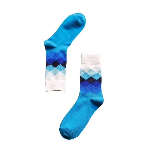 Casual Mens Cotton Colorful Geometry Socks Harajuku Gradient Color Business Dress Socks Diamond Plaid Long Socks calcetines